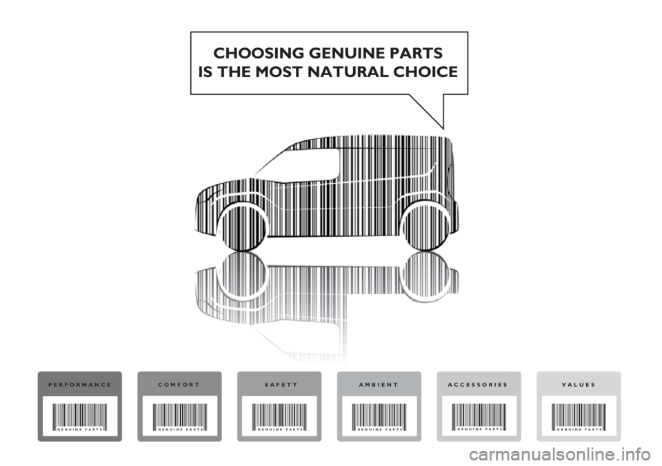 FIAT DOBLO COMBI 2013  Owner handbook (in English) CHOOSING GENUINE PARTS
IS THE MOST NATURAL CHOICE
PERFORMANCE
GENUINE PARTS
COMFORT
GENUINE PARTS
SAFETY
GENUINE PARTS
AMBIENT
GENUINE PARTS
VALUES
GENUINE PARTS
ACCESSORIES
GENUINE PARTS 