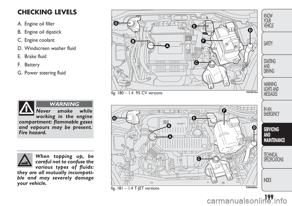 FIAT DOBLO COMBI 2012  Owner handbook (in English) 199
KNOW 
YOUR 
VEHICLE
SAFETY
STARTING 
AND 
DRIVING
WARNING 
LIGHTS AND
MESSAGES
IN AN 
EMERGENCY
SERVIC
 ING 
AND 
MAINTENANCE
TECHNICAL
SPECIFICA TIONS
INDEX
fig. 180 – 1.4  95 CV versions F0V00