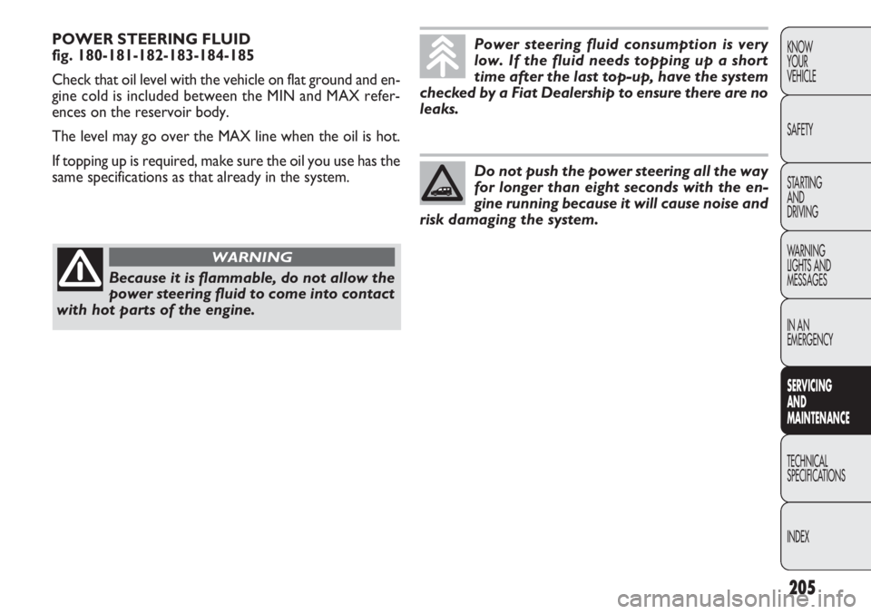 FIAT DOBLO COMBI 2012  Owner handbook (in English) 205
KNOW
YOUR
VEHICLE
SAFETY
STARTING 
AND
DRIVING
WARNING 
LIGHTS AND
MESSAGES
IN AN 
EMERGENCY
SERVIC
 ING 
AND
MAINTENANCE
TECHNICAL
SPECIFICA TIONS
INDEX
POWER STEERING FLUID 
fig. 180-181-182-183