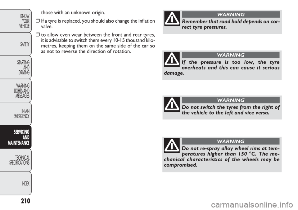 FIAT DOBLO COMBI 2012 Owner handbook (in English) 210
KNOWYOUR
VEHICLE
SAFETY
STARTING AND
DRIVING
WARNING
LIGHTS AND MESSAGES
IN AN
EMERGENCY
SERV IC
ING
AND
MAINTENANCE
TECHNICAL
SPECIFICA TIONS
INDEX
those with an unknown origin.
❒ If a tyr FIAT DOBLO COMBI 2012 Owner handbook (in English) 210
KNOWYOUR
VEHICLE
SAFETY
STARTING AND
DRIVING
WARNING
LIGHTS AND MESSAGES
IN AN
EMERGENCY
SERV IC
ING
AND
MAINTENANCE
TECHNICAL
SPECIFICA TIONS
INDEX
those with an unknown origin.
❒ If a tyr
