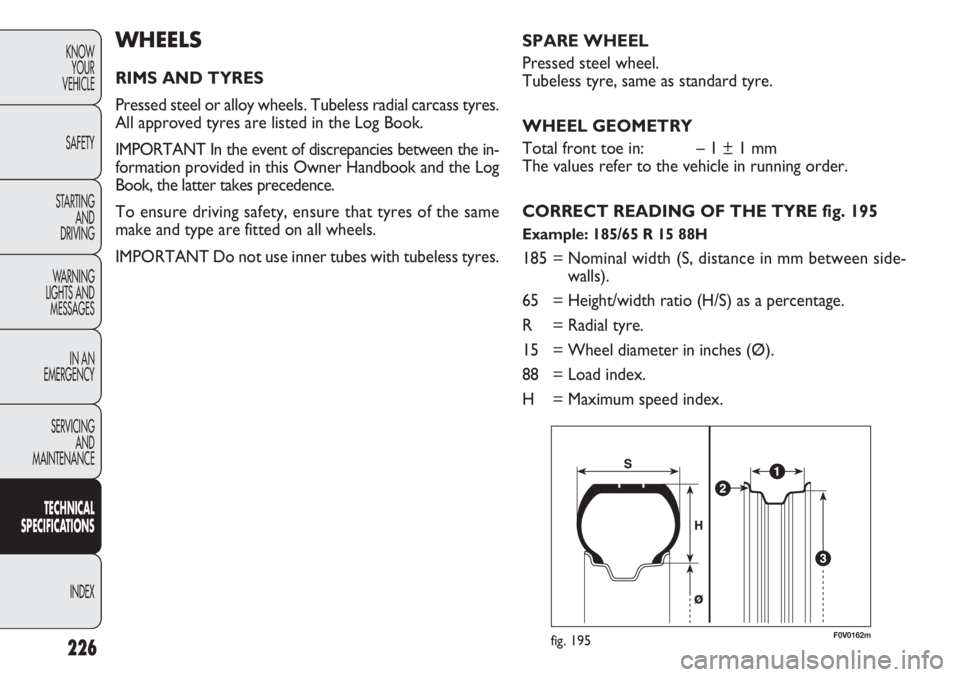 FIAT DOBLO COMBI 2012 Owner handbook (in English) 226
KNOWYOUR
VEHICLE
SAFETY
STARTING AND
DRIVING
WARNING
LIGHTS AND MESSAGES
IN AN
EMERGENCY
SERVICING AND
MAINTENANCE
TECHNICAL
SPECIFICAT IO
NS
INDEX
WHEELS
RIMS AND TYRES
Pressed steel or alloy FIAT DOBLO COMBI 2012 Owner handbook (in English) 226
KNOWYOUR
VEHICLE
SAFETY
STARTING AND
DRIVING
WARNING
LIGHTS AND MESSAGES
IN AN
EMERGENCY
SERVICING AND
MAINTENANCE
TECHNICAL
SPECIFICAT IO
NS
INDEX
WHEELS
RIMS AND TYRES
Pressed steel or alloy