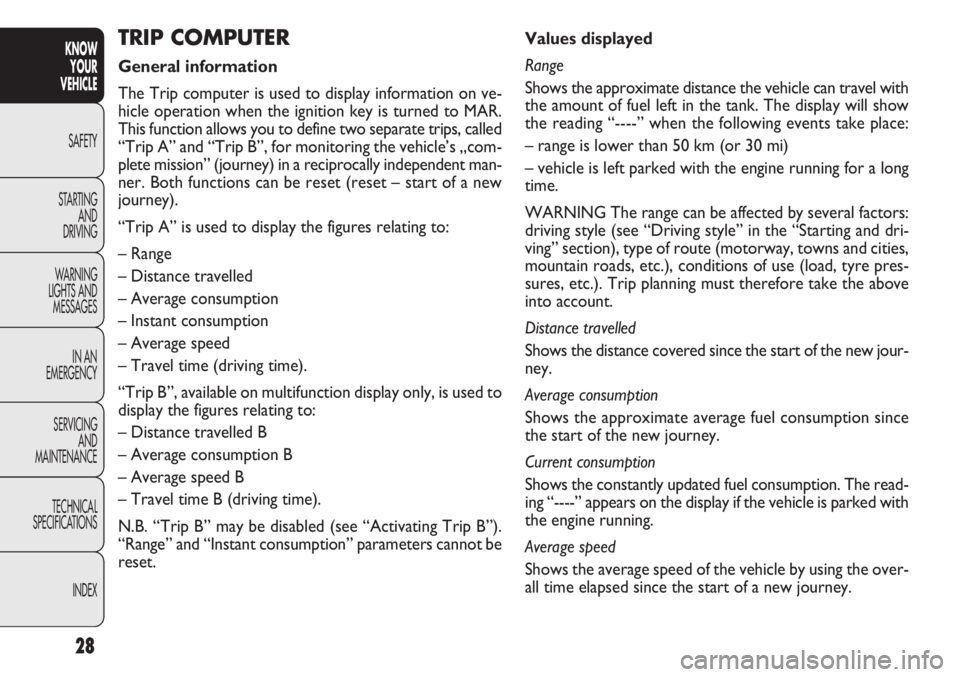 FIAT DOBLO COMBI 2012 Owner handbook (in English) 28
KNOWYOUR
VEHICLE
SAFETY
ST AR
TINGAND
DRIVING
WARNING
LIGHTS AND MESSAGES
IN AN
EMERGENCY
SERVICING AND
MAINTENANCE
TECHNICAL
SPECIFICATIONS
INDEX
Values displayed
Range
Shows the approximate dist FIAT DOBLO COMBI 2012 Owner handbook (in English) 28
KNOWYOUR
VEHICLE
SAFETY
ST AR
TINGAND
DRIVING
WARNING
LIGHTS AND MESSAGES
IN AN
EMERGENCY
SERVICING AND
MAINTENANCE
TECHNICAL
SPECIFICATIONS
INDEX
Values displayed
Range
Shows the approximate dist
