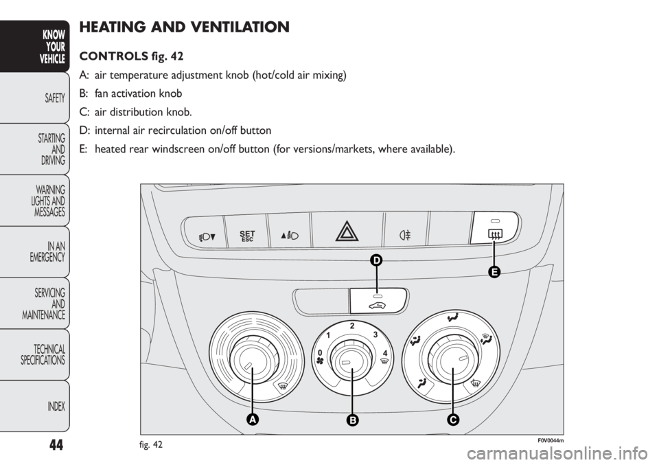 FIAT DOBLO COMBI 2012  Owner handbook (in English) 44
KNOWYOUR
VEHICLE
SAFETY
ST AR

TING AND
DRIVING
WARNING 
LIGHTS AND MESSAGES
IN AN 
EMERGENCY
SERVICING AND
MAINTENANCE
TECHNICAL
SPECIFICATIONS
INDEX
HEATING AND VENTILATION 
CONTROLS fig. 42
A: a