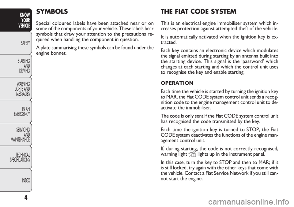 FIAT DOBLO COMBI 2013 Owner handbook (in English) 4
KNOWYOUR
VEHICLE
SAFETY
ST AR
TINGAND
DRIVING
WARNING
LIGHTS AND MESSAGES
IN AN
EMERGENCY
SERVICING AND
MAINTENANCE
TECHNICAL
SPECIFICATIONS
INDEX
THE FIAT CODE SYSTEM
This is an electrical engine FIAT DOBLO COMBI 2013 Owner handbook (in English) 4
KNOWYOUR
VEHICLE
SAFETY
ST AR
TINGAND
DRIVING
WARNING
LIGHTS AND MESSAGES
IN AN
EMERGENCY
SERVICING AND
MAINTENANCE
TECHNICAL
SPECIFICATIONS
INDEX
THE FIAT CODE SYSTEM
This is an electrical engine