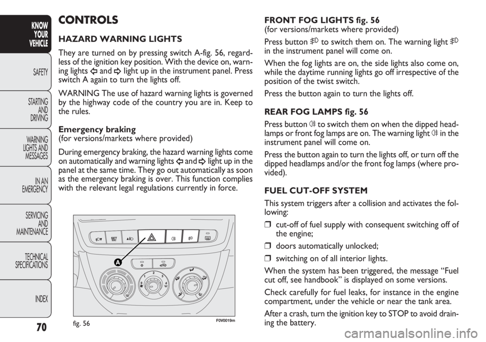 FIAT DOBLO COMBI 2012  Owner handbook (in English) F0V0019mfig. 56
FRONT FOG LIGHTS fig. 56
(for versions/markets where provided)
Press button 5to switch them on. The warning light  5
in the instrument panel will come on.
When the fog lights are on, t