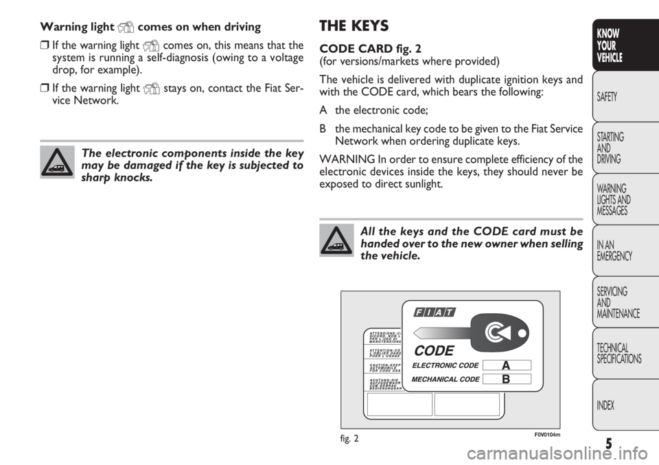 FIAT DOBLO COMBI 2012  Owner handbook (in English) 5
KNOW
YOUR
VEHICLE
SAFETY
STAR

TING
AND
DRIVING
WARNING
LIGHTS AND
MESSAGES
IN AN
EMERGENCY
SERVICING
AND
MAINTENANCE
TECHNICAL
SPECIFICATIONS
INDEX
THE KEYS
CODE CARD fig. 2
(for versions/markets w