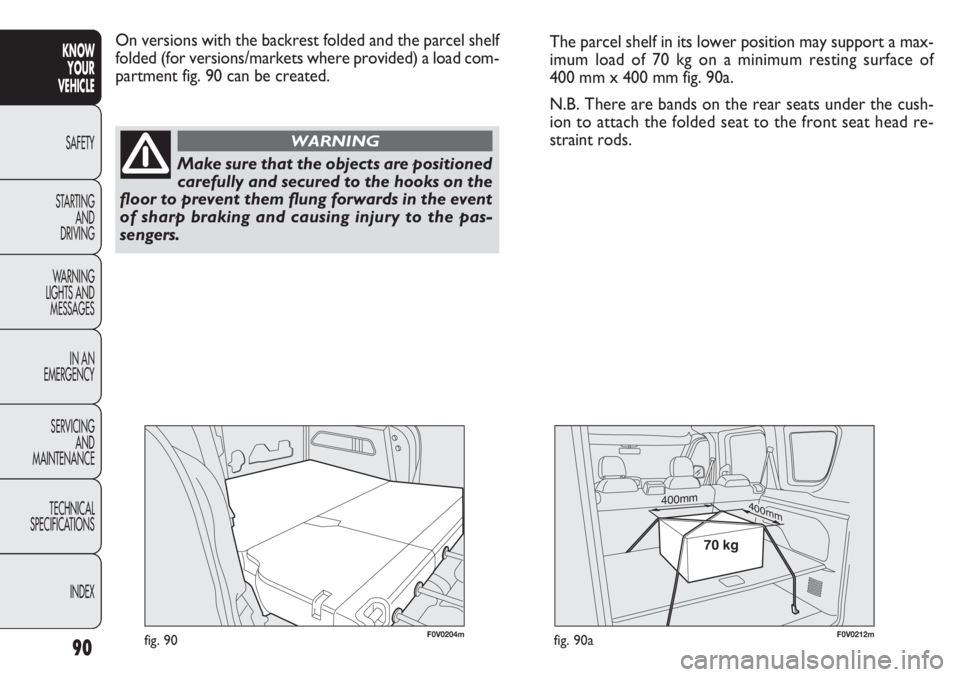 FIAT DOBLO COMBI 2012 Owner handbook (in English) F0V0204mfig. 90
On versions with the backrest folded and the parcel shelf
folded (for versions/markets where provided) a load com-
partment fig. 90 can be created.
90
KNOWYOUR
VEHICLE
SAFETY
ST AR
TI FIAT DOBLO COMBI 2012 Owner handbook (in English) F0V0204mfig. 90
On versions with the backrest folded and the parcel shelf
folded (for versions/markets where provided) a load com-
partment fig. 90 can be created.
90
KNOWYOUR
VEHICLE
SAFETY
ST AR
TI