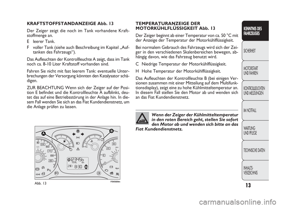 FIAT DOBLO COMBI 2009  Betriebsanleitung (in German) 13
KENNTNIS DES 
FAHRZEUGES
SICHERHEIT
MOTORSTART 
UND FAHREN
KONTROLLLEUCHTEN
UND MELDUNGEN
IM NOTFALL
WA R T U N G  
UND PFLEGE
TECHNISCHE DATEN
INHALTS-
VERZEICHNIS
 
 
F0V0009mAbb. 13
TEMPERATURAN