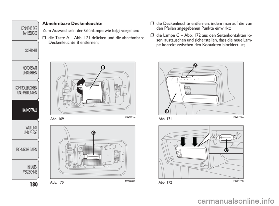 FIAT DOBLO COMBI 2010  Betriebsanleitung (in German) 180
F0V0072mAbb. 170


F0V0176mAbb. 171
❒die Deckenleuchte entfernen, indem man auf die von
den Pfeilen angegebenen Punkte einwirkt;
❒die Lampe C – Abb. 172 aus den Seitenkontakten lö-
sen,