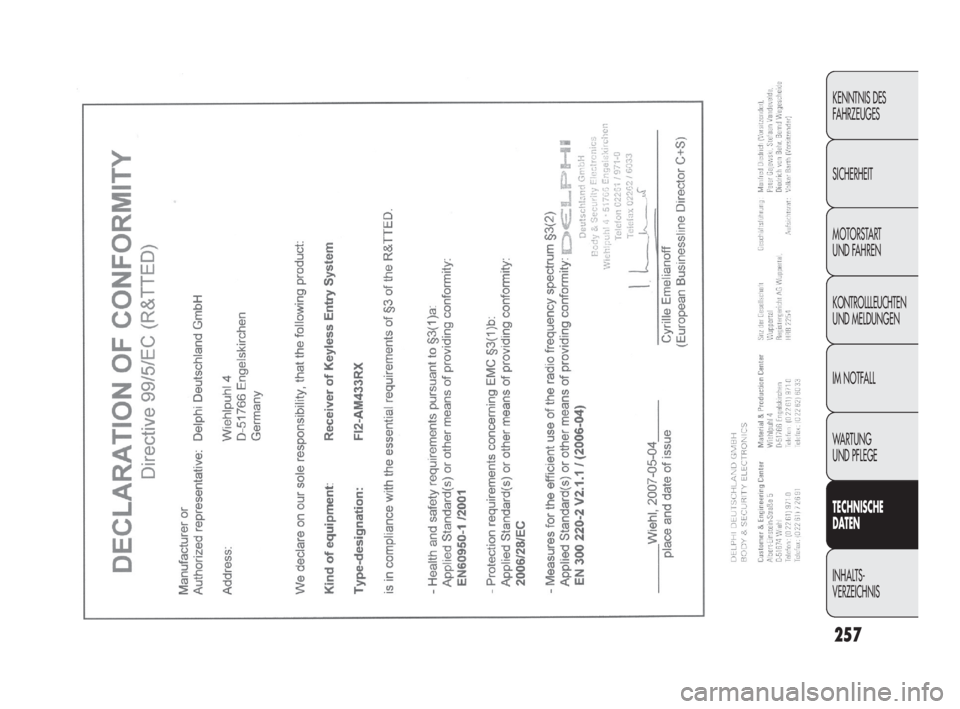 FIAT DOBLO COMBI 2010 Betriebsanleitung (in German) 257
KENNTNIS DES
FAHRZEUGES
SICHERHEIT
MOTORSTART
UND FAHREN
KONTROLLLEUCHTEN
UND MELDUNGEN
IM NOTFALL
WA R T U N G
UND PFLEGE
TECHNISCHE
DATEN
INHALTS-
VERZEICHNIS
219-260 DOBLO LUM DE 2e 27-05 FIAT DOBLO COMBI 2010 Betriebsanleitung (in German) 257
KENNTNIS DES
FAHRZEUGES
SICHERHEIT
MOTORSTART
UND FAHREN
KONTROLLLEUCHTEN
UND MELDUNGEN
IM NOTFALL
WA R T U N G
UND PFLEGE
TECHNISCHE
DATEN
INHALTS-
VERZEICHNIS
219-260 DOBLO LUM DE 2e 27-05