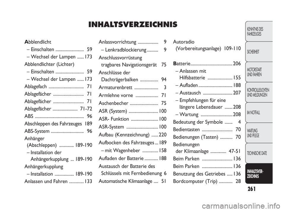 FIAT DOBLO COMBI 2010  Betriebsanleitung (in German) 261
KENNTNIS DES 
FAHRZEUGES
SICHERHEIT
MOTORSTART 
UND FAHREN
KONTROLLLEUCHTEN
UND MELDUNGEN
IM NOTFALL
WA R T U N G  
UND PFLEGE
TECHNISCHE DATE
INHALTSVER-
ZEICHNIS
Anlassvorrichtung ..............