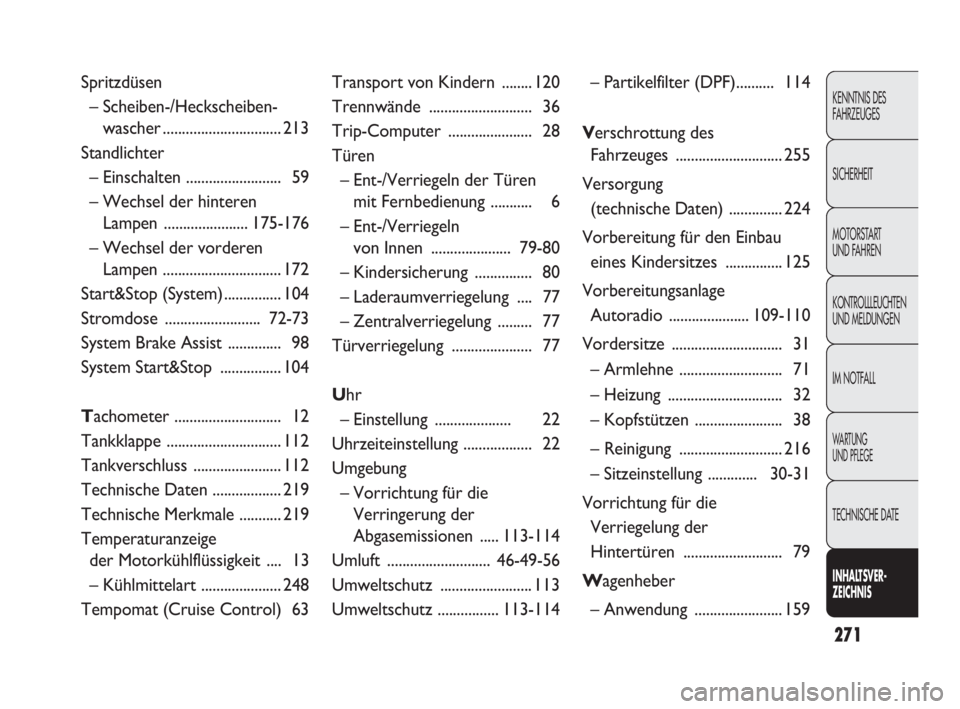 FIAT DOBLO COMBI 2009  Betriebsanleitung (in German) 271
KENNTNIS DES 
FAHRZEUGES
SICHERHEIT
MOTORSTART 
UND FAHREN
KONTROLLLEUCHTEN
UND MELDUNGEN
IM NOTFALL
WA R T U N G  
UND PFLEGE
TECHNISCHE DATE
INHALTSVER-
ZEICHNIS
Spritzdüsen
– Scheiben-/Hecks