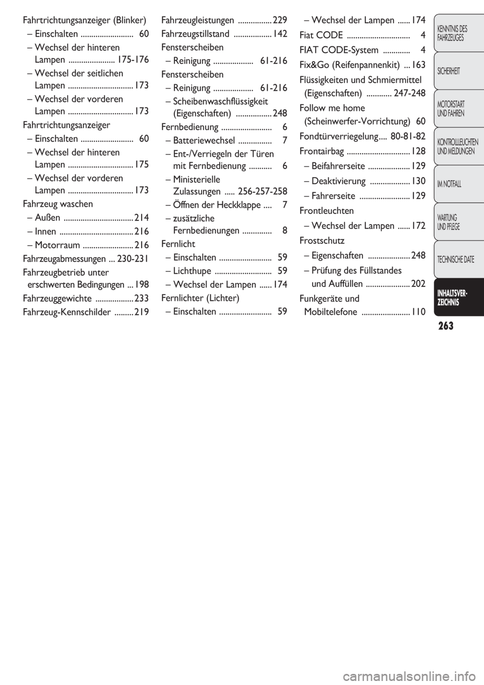 FIAT DOBLO COMBI 2011  Betriebsanleitung (in German) 263
KENNTNIS DES 
FAHRZEUGES
SICHERHEIT
MOTORSTART 
UND FAHREN
KONTROLLLEUCHTEN
UND MELDUNGEN
IM NOTFALL
WARTUNG 
UND PFLEGE
TECHNISCHE DATE
INHALTSVER-
ZEICHNIS
Fahrzeugleistungen ................ 22