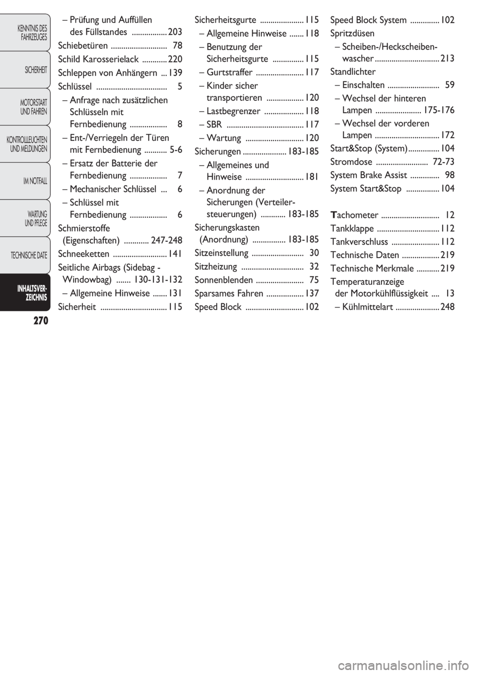 FIAT DOBLO COMBI 2011  Betriebsanleitung (in German) 270
KENNTNIS DES
FAHRZEUGES
SICHERHEIT
MOTORSTART 
UND FAHREN
KONTROLLLEUCHTEN
UND MELDUNGEN
IM NOTFALL
WARTUNG 
UND PFLEGE
TECHNISCHE DATE
INHALTSVER-
ZEICHNIS
– Prüfung und Auffüllen 
des Fülls