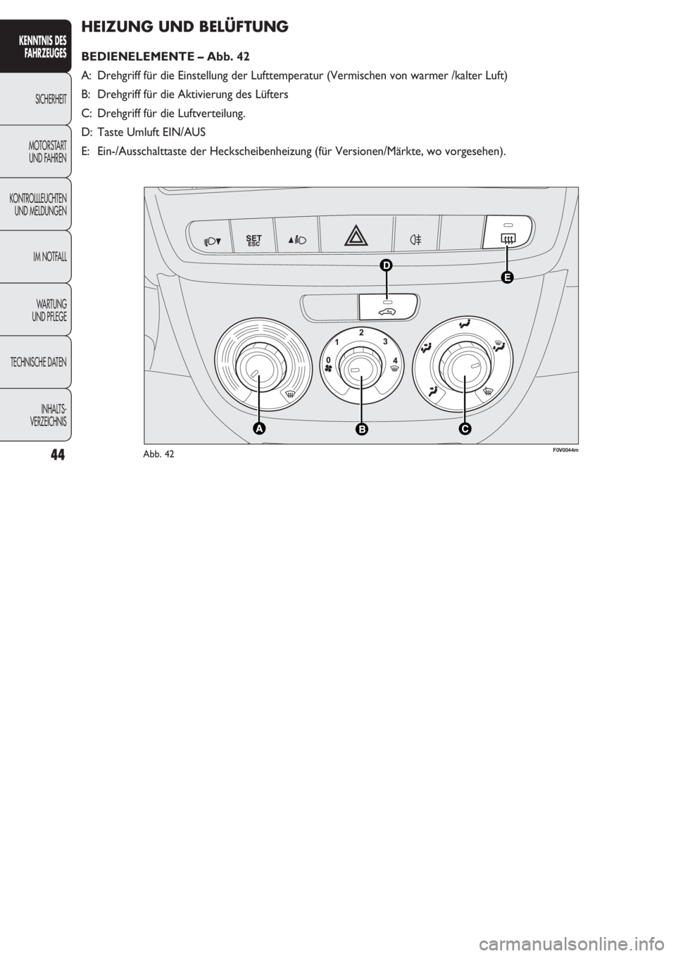 FIAT DOBLO COMBI 2011 Betriebsanleitung (in German) 44
HEIZUNG UND BELÜFTUNG
BEDIENELEMENTE – Abb. 42
A: Drehgriff für die Einstellung der Lufttemperatur (Vermischen von warmer /kalter Luft)
B: Drehgriff für die Aktivierung des Lüfters
C: Drehgr FIAT DOBLO COMBI 2011 Betriebsanleitung (in German) 44
HEIZUNG UND BELÜFTUNG
BEDIENELEMENTE – Abb. 42
A: Drehgriff für die Einstellung der Lufttemperatur (Vermischen von warmer /kalter Luft)
B: Drehgriff für die Aktivierung des Lüfters
C: Drehgr