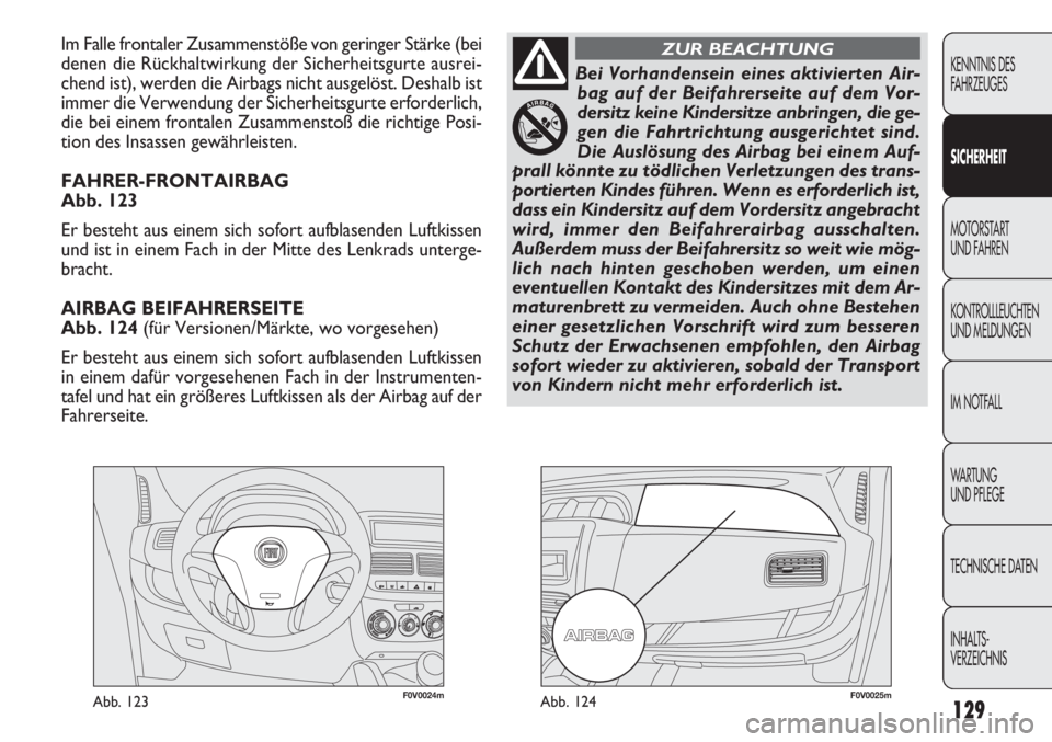 FIAT DOBLO COMBI 2012 Betriebsanleitung (in German) 129
F0V0024mAbb. 123F0V0025mAbb. 124
CONOSCENZA
DEL
VEICOLO
AVVIAMENTO
E GUIDA
SPIE E
MESSAGGI
IN EMERGENZA
MANUTENZIONE
E CURA
DATI TECNICI
INDICE
Im Falle frontaler Zusammenstöße von geringer Stä FIAT DOBLO COMBI 2012 Betriebsanleitung (in German) 129
F0V0024mAbb. 123F0V0025mAbb. 124
CONOSCENZA
DEL
VEICOLO
AVVIAMENTO
E GUIDA
SPIE E
MESSAGGI
IN EMERGENZA
MANUTENZIONE
E CURA
DATI TECNICI
INDICE
Im Falle frontaler Zusammenstöße von geringer Stä