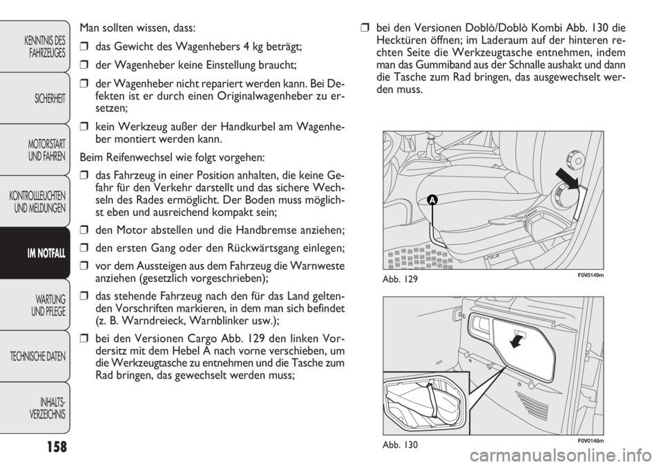 FIAT DOBLO COMBI 2012  Betriebsanleitung (in German) F0V0148mAbb. 130
F0V0149mAbb. 129
158
Man sollten wissen, dass:
❒das Gewicht des Wagenhebers 4 kg beträgt;
❒ der Wagenheber keine Einstellung braucht;
❒ der Wagenheber nicht repariert werden ka