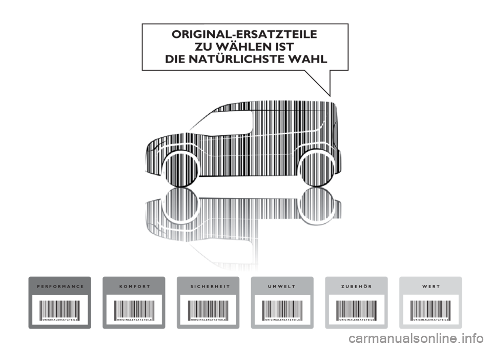FIAT DOBLO COMBI 2012 Betriebsanleitung (in German) ORIGINAL-ERSATZTEILEZU WÄHLEN IST
DIE NATÜRLICHSTE WAHL
PERFORMANCE
ORIGINALERSATZTEILE
KOMFORT
ORIGINALERSATZTEILE
SICHERHEIT
ORIGINALERSATZTEILE
UMWELT
ORIGINALERSATZTEILE
WERT
ORIGINALERSATZTEILE FIAT DOBLO COMBI 2012 Betriebsanleitung (in German) ORIGINAL-ERSATZTEILEZU WÄHLEN IST
DIE NATÜRLICHSTE WAHL
PERFORMANCE
ORIGINALERSATZTEILE
KOMFORT
ORIGINALERSATZTEILE
SICHERHEIT
ORIGINALERSATZTEILE
UMWELT
ORIGINALERSATZTEILE
WERT
ORIGINALERSATZTEILE