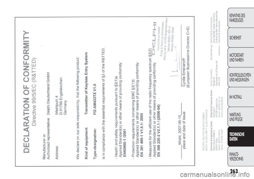 FIAT DOBLO COMBI 2012 Betriebsanleitung (in German) 263
KENNTNIS DES
FAHRZEUGES
SICHERHEIT
MOTORSTART
UND FAHREN
KONTROLLLEUCHTEN
UND MELDUNGEN
IM NOTFALL
WA R T U N G
UND PFLEGE
TECHNISCH E
D AT EN
INHALTS-
VERZEICHNIS FIAT DOBLO COMBI 2012 Betriebsanleitung (in German) 263
KENNTNIS DES
FAHRZEUGES
SICHERHEIT
MOTORSTART
UND FAHREN
KONTROLLLEUCHTEN
UND MELDUNGEN
IM NOTFALL
WA R T U N G
UND PFLEGE
TECHNISCH E
D AT EN
INHALTS-
VERZEICHNIS