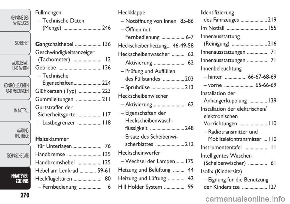 FIAT DOBLO COMBI 2012  Betriebsanleitung (in German) 270
KENNTNIS DESFAHRZEUGES
SICHERHEIT
MOTORSTART  UND FAHREN
KONTROLLLEUCHTEN UND MELDUNGEN
IM NOTFALL
WA R T U N G  
UND PFLEGE
TECHNISCHE DATE
INHALTS VER-
ZEI CHNIS
Füllmengen
– Technische Daten