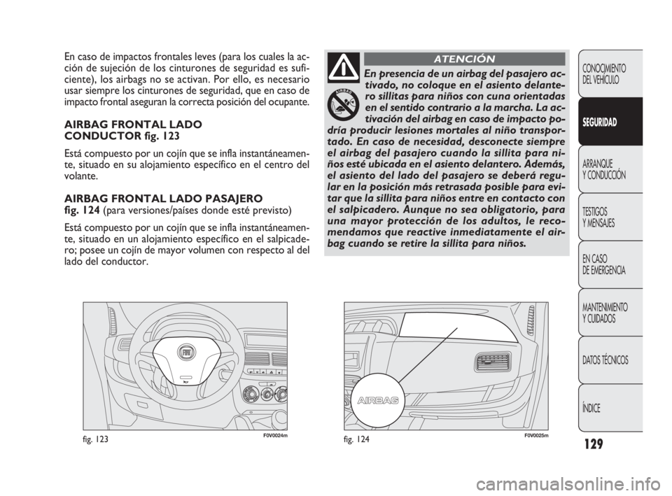 FIAT DOBLO COMBI 2009  Manual de Empleo y Cuidado (in Spanish) 129
F0V0024mfig. 123F0V0025mfig. 124
En caso de impactos frontales leves (para los cuales la ac-
ción de sujeción de los cinturones de seguridad es sufi-
ciente), los airbags no se activan. Por ello