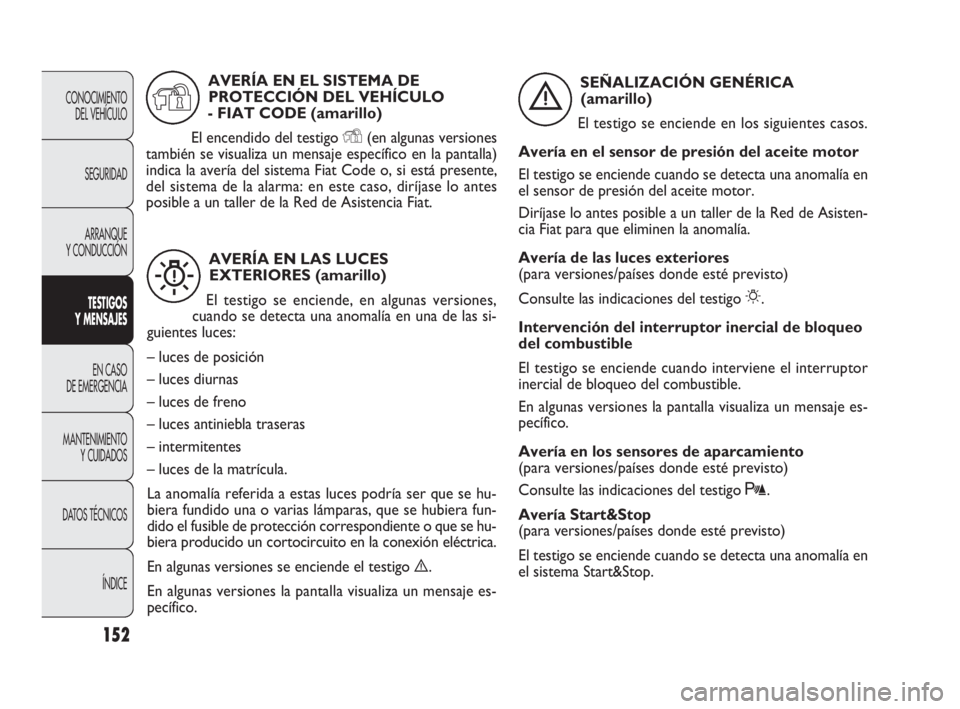 FIAT DOBLO COMBI 2009 Manual de Empleo y Cuidado (in Spanish) 152
CONOCIMIENTO
DEL VEHÍCULO
SEGURIDAD
ARRANQUE
Y CONDUCCIÓN
TESTIGOS
Y MENSAJES
EN CASO
DE EMERGENCIA
MANTENIMIENTO
Y CUIDADOS
DATOS TÉCNICOS
ÍNDICE
AVERÍA EN LAS LUCES
EXTERIORES (amaril FIAT DOBLO COMBI 2009 Manual de Empleo y Cuidado (in Spanish) 152
CONOCIMIENTO
DEL VEHÍCULO
SEGURIDAD
ARRANQUE
Y CONDUCCIÓN
TESTIGOS
Y MENSAJES
EN CASO
DE EMERGENCIA
MANTENIMIENTO
Y CUIDADOS
DATOS TÉCNICOS
ÍNDICE
AVERÍA EN LAS LUCES
EXTERIORES (amaril