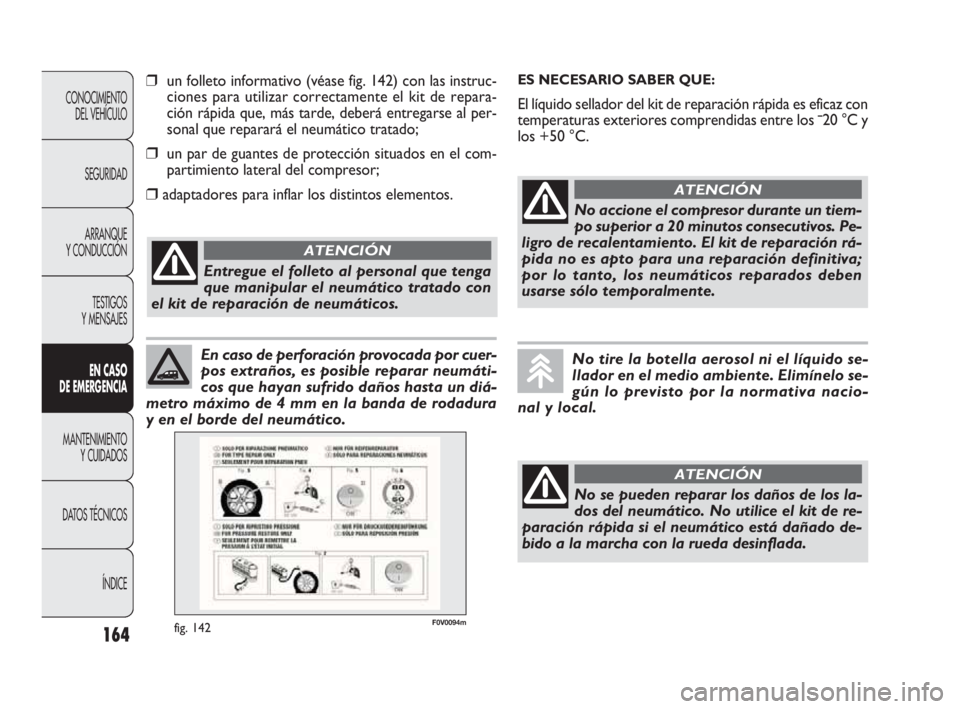 FIAT DOBLO COMBI 2010  Manual de Empleo y Cuidado (in Spanish) 164
CONOCIMIENTO 
DEL VEHÍCULO
SEGURIDAD
ARRANQUE 
Y CONDUCCIÓN
TESTIGOS 
Y MENSAJES
EN CASO 
DE EMERGENCIA
MANTENIMIENTO 
Y CUIDADOS
DATOS TÉCNICOS
ÍNDICE
En caso de perforación provocada por cu