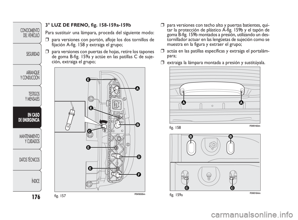 FIAT DOBLO COMBI 2010  Manual de Empleo y Cuidado (in Spanish) F0V0164mfig. 159a
F0V0163mfig. 158
176
CONOCIMIENTO 
DEL VEHÍCULO
SEGURIDAD
ARRANQUE 
Y CONDUCCIÓN
TESTIGOS 
Y MENSAJES
EN CASO 
DE EMERGENCIA
MANTENIMIENTO 
Y CUIDADOS
DATOS TÉCNICOS
ÍNDICE
3° L