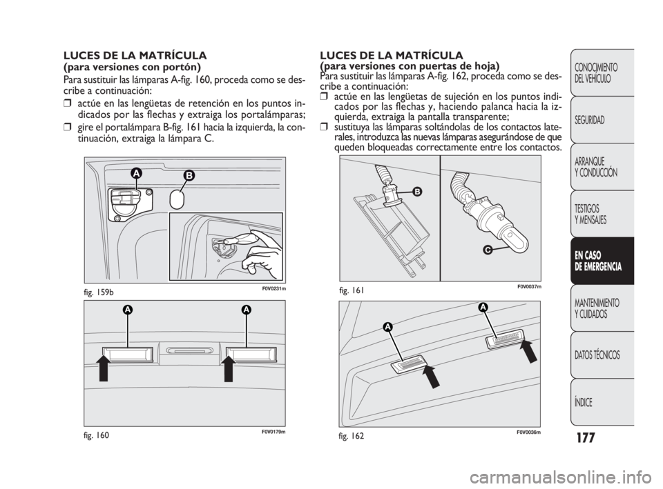 FIAT DOBLO COMBI 2010  Manual de Empleo y Cuidado (in Spanish) 177
F0V0037mfig. 161
F0V0179mfig. 160
F0V0231mfig. 159b
LUCES DE LA MATRÍCULA 
(para versiones con puertas de hoja)
Para sustituir las lámparas A-fig. 162, proceda como se des-
cribe a continuación