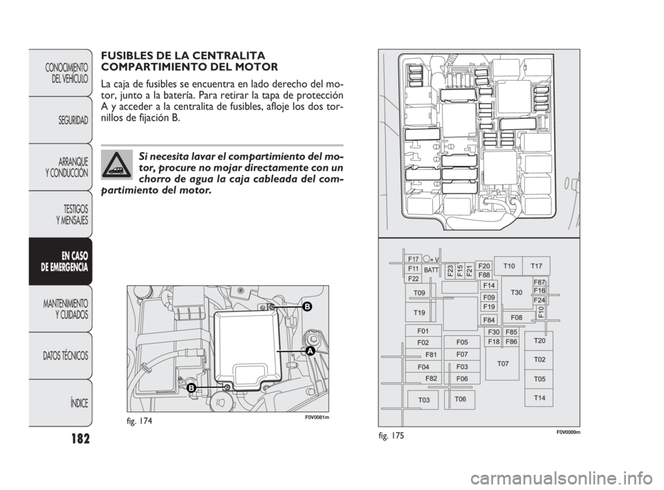 FIAT DOBLO COMBI 2010  Manual de Empleo y Cuidado (in Spanish) 182
F0V0081mfig. 174F0V0089mfig. 175
FUSIBLES DE LA CENTRALITA
COMPARTIMIENTO DEL MOTOR 
La caja de fusibles se encuentra en lado derecho del mo-
tor, junto a la batería. Para retirar la tapa de prot