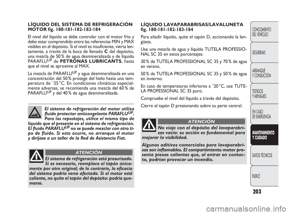 FIAT DOBLO COMBI 2010 Manual de Empleo y Cuidado (in Spanish) 203
CONOCIMIENTO
DEL VEHÍCULO
SEGURIDAD
ARRANQUE
Y CONDUCCIÓN
TESTIGOS
Y MENSAJES
EN CASO
DE EMERGENCIA
MANTENIMIENTO
Y CUIDADO
DATOS TÉCNICOS
ÍNDICE
LÍQUIDO LAVAPARABRISAS/LAVALUNETA
fig. 1 FIAT DOBLO COMBI 2010 Manual de Empleo y Cuidado (in Spanish) 203
CONOCIMIENTO
DEL VEHÍCULO
SEGURIDAD
ARRANQUE
Y CONDUCCIÓN
TESTIGOS
Y MENSAJES
EN CASO
DE EMERGENCIA
MANTENIMIENTO
Y CUIDADO
DATOS TÉCNICOS
ÍNDICE
LÍQUIDO LAVAPARABRISAS/LAVALUNETA
fig. 1