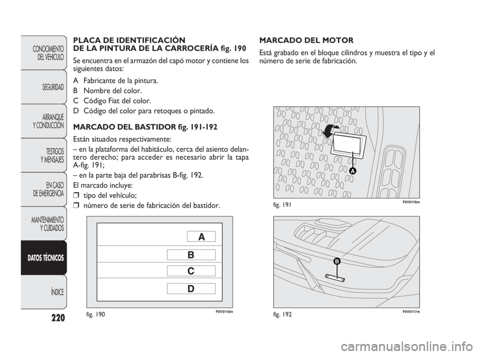 FIAT DOBLO COMBI 2010 Manual de Empleo y Cuidado (in Spanish) 220
F0V0118mfig. 190F0V0117mfig. 192
F0V0116mfig. 191
MARCADO DEL MOTOR
Está grabado en el bloque cilindros y muestra el tipo y el
número de serie de fabricación. PLACA DE IDENTIFICACIÓN
DE LA PI FIAT DOBLO COMBI 2010 Manual de Empleo y Cuidado (in Spanish) 220
F0V0118mfig. 190F0V0117mfig. 192
F0V0116mfig. 191
MARCADO DEL MOTOR
Está grabado en el bloque cilindros y muestra el tipo y el
número de serie de fabricación. PLACA DE IDENTIFICACIÓN
DE LA PI