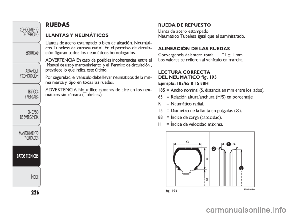 FIAT DOBLO COMBI 2010 Manual de Empleo y Cuidado (in Spanish) 226
CONOCIMIENTO
DEL VEHÍCULO
SEGURIDAD
ARRANQUE
Y CONDUCCIÓN
TESTIGOS
Y MENSAJES
EN CASO
DE EMERGENCIA
MANTENIMIENTO
Y CUIDADOS
DATOS TÉCNICOS
ÍNDICE
RUEDAS
LLANTAS Y NEUMÁTICOS
Llantas de FIAT DOBLO COMBI 2010 Manual de Empleo y Cuidado (in Spanish) 226
CONOCIMIENTO
DEL VEHÍCULO
SEGURIDAD
ARRANQUE
Y CONDUCCIÓN
TESTIGOS
Y MENSAJES
EN CASO
DE EMERGENCIA
MANTENIMIENTO
Y CUIDADOS
DATOS TÉCNICOS
ÍNDICE
RUEDAS
LLANTAS Y NEUMÁTICOS
Llantas de