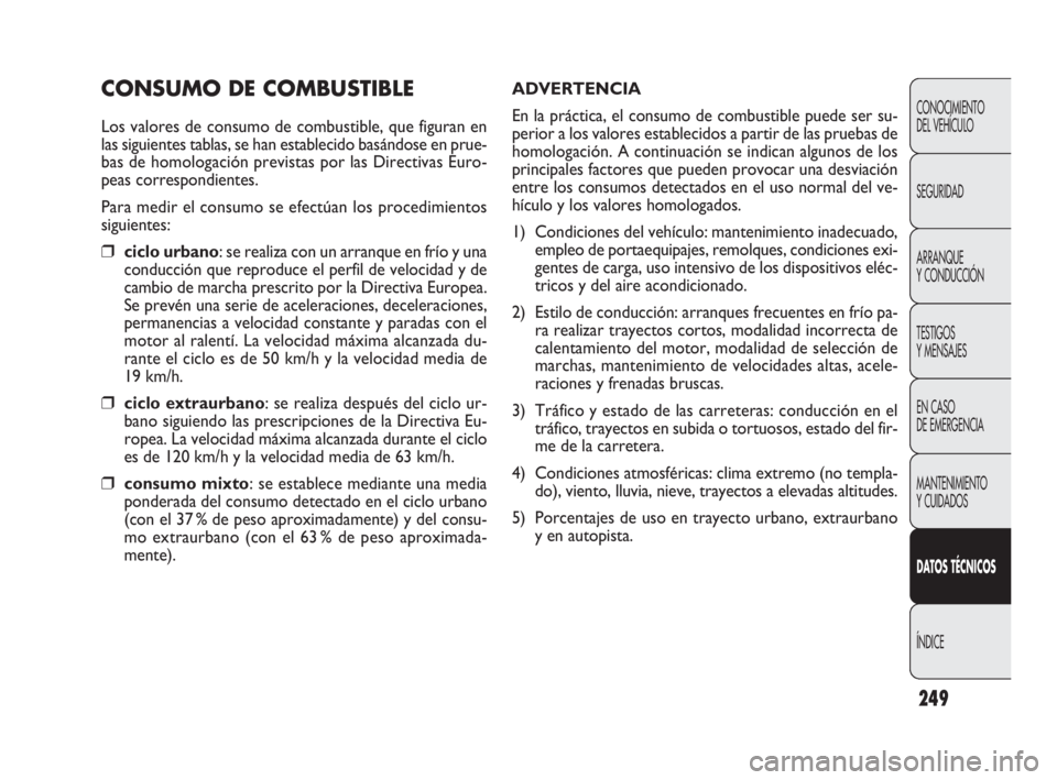 FIAT DOBLO COMBI 2010 Manual de Empleo y Cuidado (in Spanish) 249
CONOCIMIENTO
DEL VEHÍCULO
SEGURIDAD
ARRANQUE
Y CONDUCCIÓN
TESTIGOS
Y MENSAJES
EN CASO
DE EMERGENCIA
MANTENIMIENTO
Y CUIDADOS
DATOS TÉCNICOS
ÍNDICE
CONSUMO DE COMBUSTIBLE
Los valores de co FIAT DOBLO COMBI 2010 Manual de Empleo y Cuidado (in Spanish) 249
CONOCIMIENTO
DEL VEHÍCULO
SEGURIDAD
ARRANQUE
Y CONDUCCIÓN
TESTIGOS
Y MENSAJES
EN CASO
DE EMERGENCIA
MANTENIMIENTO
Y CUIDADOS
DATOS TÉCNICOS
ÍNDICE
CONSUMO DE COMBUSTIBLE
Los valores de co