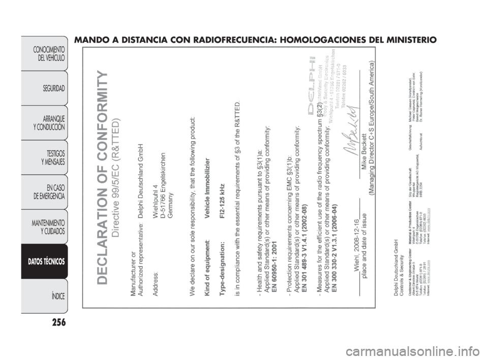 FIAT DOBLO COMBI 2010 Manual de Empleo y Cuidado (in Spanish) 256
CONOCIMIENTO
DEL VEHÍCULO
SEGURIDAD
ARRANQUE
Y CONDUCCIÓN
TESTIGOS
Y MENSAJES
EN CASO
DE EMERGENCIA
MANTENIMIENTO
Y CUIDADOS
DATOS TÉCNICOS
ÍNDICE
MANDO A DISTANCIA CON RADIOFRECUENCIA: H FIAT DOBLO COMBI 2010 Manual de Empleo y Cuidado (in Spanish) 256
CONOCIMIENTO
DEL VEHÍCULO
SEGURIDAD
ARRANQUE
Y CONDUCCIÓN
TESTIGOS
Y MENSAJES
EN CASO
DE EMERGENCIA
MANTENIMIENTO
Y CUIDADOS
DATOS TÉCNICOS
ÍNDICE
MANDO A DISTANCIA CON RADIOFRECUENCIA: H