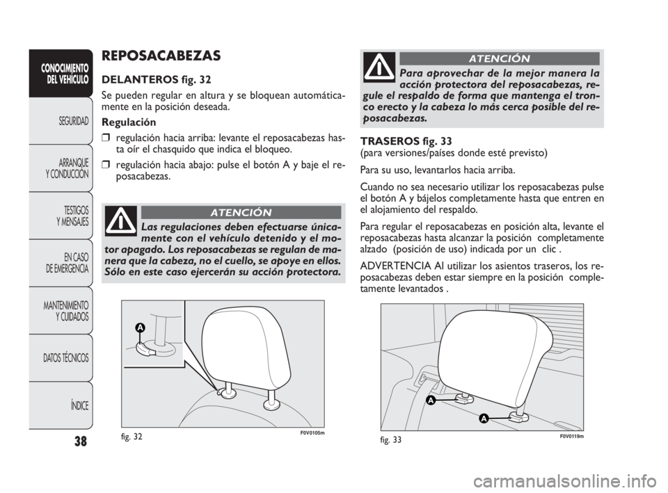 FIAT DOBLO COMBI 2010 Manual de Empleo y Cuidado (in Spanish) 38
CONOCIMIENTO
DEL VEHÍCULO
SEGURIDAD
ARRANQUE
Y CONDUCCIÓN
TESTIGOS
Y MENSAJES
EN CASO
DE EMERGENCIA
MANTENIMIENTO
Y CUIDADOS
DATOS TÉCNICOS
ÍNDICE
TRASEROS fig. 33
(para versiones/países FIAT DOBLO COMBI 2010 Manual de Empleo y Cuidado (in Spanish) 38
CONOCIMIENTO
DEL VEHÍCULO
SEGURIDAD
ARRANQUE
Y CONDUCCIÓN
TESTIGOS
Y MENSAJES
EN CASO
DE EMERGENCIA
MANTENIMIENTO
Y CUIDADOS
DATOS TÉCNICOS
ÍNDICE
TRASEROS fig. 33
(para versiones/países