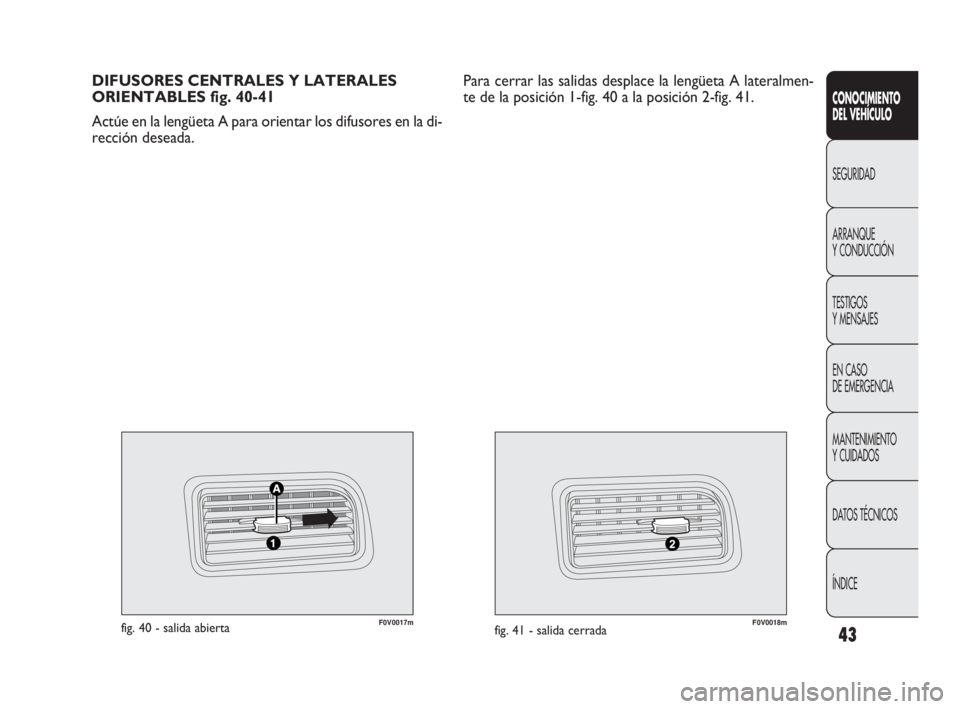 FIAT DOBLO COMBI 2010 Manual de Empleo y Cuidado (in Spanish) 43
F0V0017mfig. 40 - salida abiertaF0V0018mfig. 41 - salida cerrada
DIFUSORES CENTRALES Y LATERALES
ORIENTABLES fig. 40-41
Actúe en la lengüeta A para orientar los difusores en la di-
rección desea FIAT DOBLO COMBI 2010 Manual de Empleo y Cuidado (in Spanish) 43
F0V0017mfig. 40 - salida abiertaF0V0018mfig. 41 - salida cerrada
DIFUSORES CENTRALES Y LATERALES
ORIENTABLES fig. 40-41
Actúe en la lengüeta A para orientar los difusores en la di-
rección desea