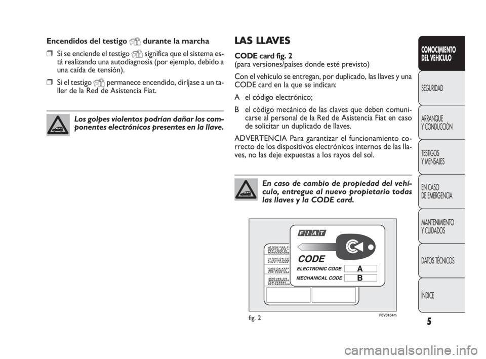 FIAT DOBLO COMBI 2010  Manual de Empleo y Cuidado (in Spanish) 5
CONOCIMIENTO 
DEL VEHÍCULO
SEGURIDAD
ARRANQUE 
Y CONDUCCIÓN
TESTIGOS 
Y MENSAJES
EN CASO 
DE EMERGENCIA
MANTENIMIENTO 
Y CUIDADOS
DATOS TÉCNICOS
ÍNDICE
LAS LLAVES 
CODE card fig. 2 
(para versio