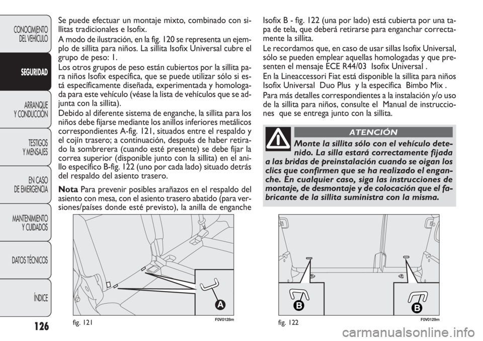 FIAT DOBLO COMBI 2011  Manual de Empleo y Cuidado (in Spanish) 126
F0V0128mfig. 121F0V0129mfig. 122
CONOCIMIENTO
DEL VEHÍCULO
SEGURIDAD
ARRANQUE
Y CONDUCCIÓN
TESTIGOS
Y MENSAJES
EN CASO 
DE EMERGENCIA
MANTENIMIENTO
Y CUIDADOS
DATOS TÉCNICOS
ÍNDICE
Se puede ef