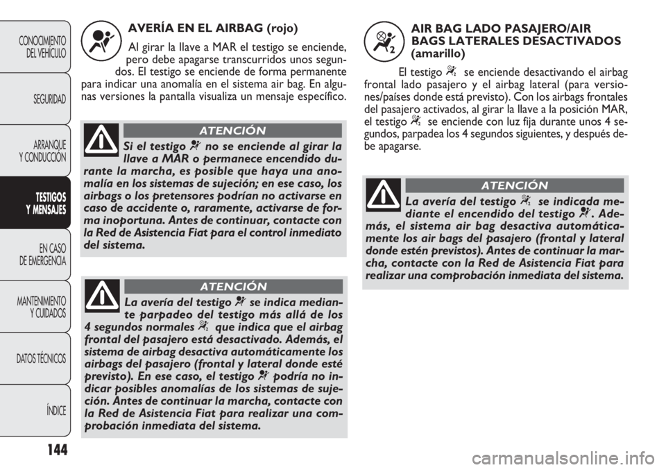 FIAT DOBLO COMBI 2011  Manual de Empleo y Cuidado (in Spanish) 144
CONOCIMIENTO
DEL VEHÍCULO
SEGURIDAD
ARRANQUE
Y CONDUCCIÓN
TESTIGOS
Y MENSAJES
EN CASO 
DE EMERGENCIA
MANTENIMIENTO
Y CUIDADOS
DATOS TÉCNICOS
ÍNDICE
AVERÍA EN EL AIRBAG (rojo)
Al girar la llav