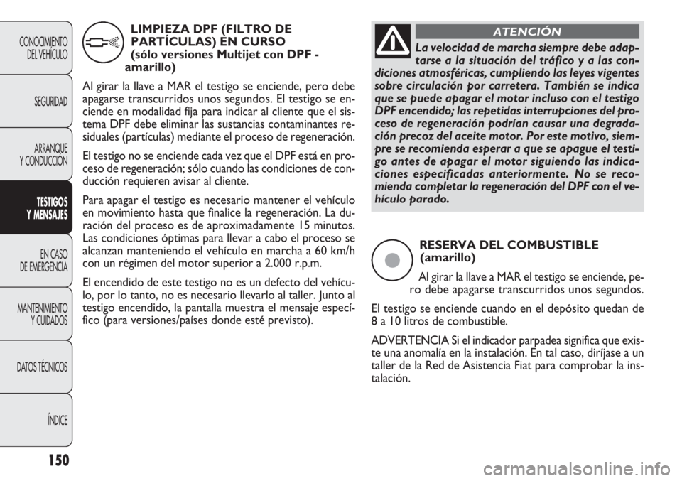 FIAT DOBLO COMBI 2011  Manual de Empleo y Cuidado (in Spanish) 150
RESERVA DEL COMBUSTIBLE 
(amarillo)
Al girar la llave a MAR el testigo se enciende, pe-
ro debe apagarse transcurridos unos segundos.
El testigo se enciende cuando en el depósito quedan de 
8 a 1