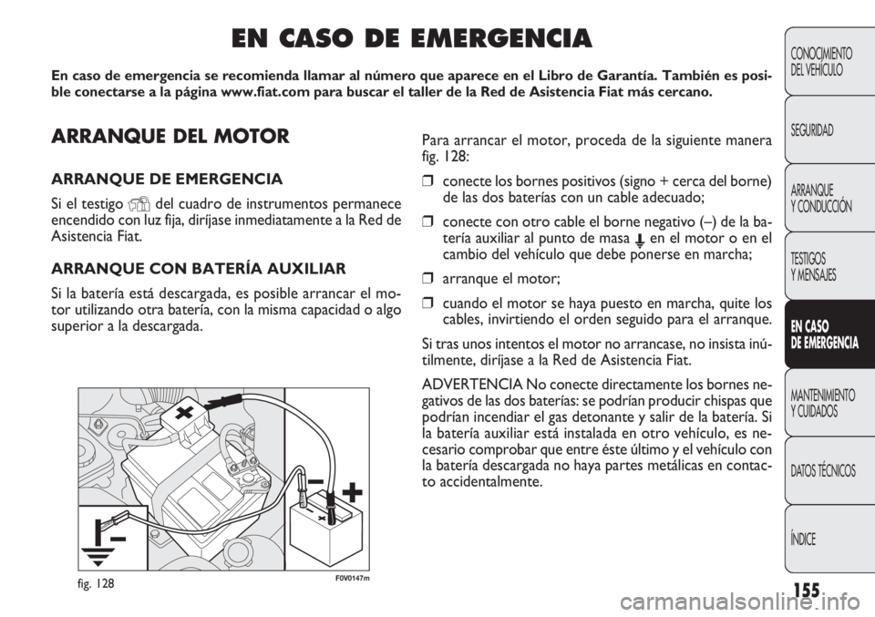 FIAT DOBLO COMBI 2011  Manual de Empleo y Cuidado (in Spanish) 155
F0V0147mfig. 128
CONOCIMIENTO
DEL VEHÍCULO
SEGURIDAD
ARRANQUE
Y CONDUCCIÓN
TESTIGOS
Y MENSAJES
EN CASO 
DE EMERGENCIA
MANTENIMIENTO
Y CUIDADOS
DATOS TÉCNICOS
ÍNDICE
ARRANQUE DEL MOTOR
ARRANQUE
