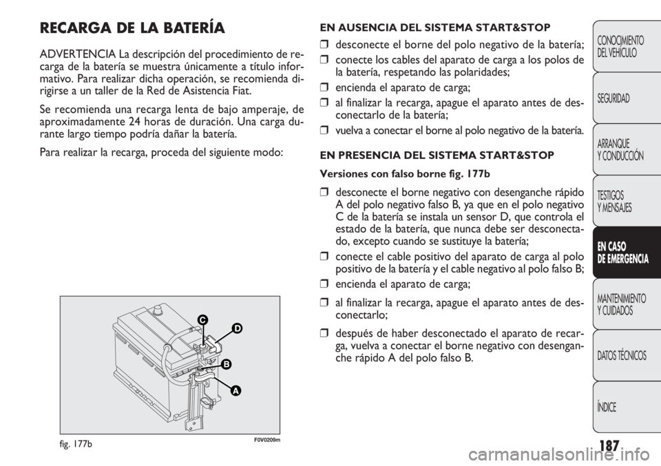 FIAT DOBLO COMBI 2011  Manual de Empleo y Cuidado (in Spanish) 187
CONOCIMIENTO
DEL VEHÍCULO
SEGURIDAD
ARRANQUE
Y CONDUCCIÓN
TESTIGOS
Y MENSAJES
EN CASO 
DE EMERGENCIA
MANTENIMIENTO
Y CUIDADOS
DATOS TÉCNICOS
ÍNDICE
RECARGA DE LA BATERÍA
ADVERTENCIA La descri