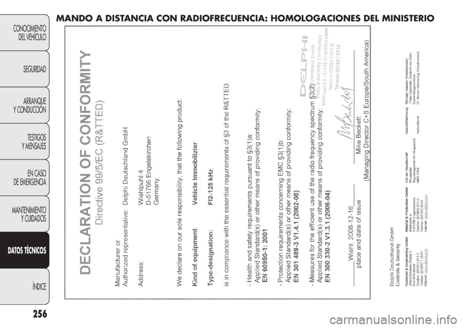 FIAT DOBLO COMBI 2011  Manual de Empleo y Cuidado (in Spanish) 256
CONOCIMIENTO
DEL VEHÍCULO
SEGURIDAD
ARRANQUE
Y CONDUCCIÓN
TESTIGOS
Y MENSAJES
EN CASO 
DE EMERGENCIA
MANTENIMIENTO
Y CUIDADOS
DATOS TÉCNICOS
ÍNDICE
MANDO A DISTANCIA CON RADIOFRECUENCIA: HOMOL