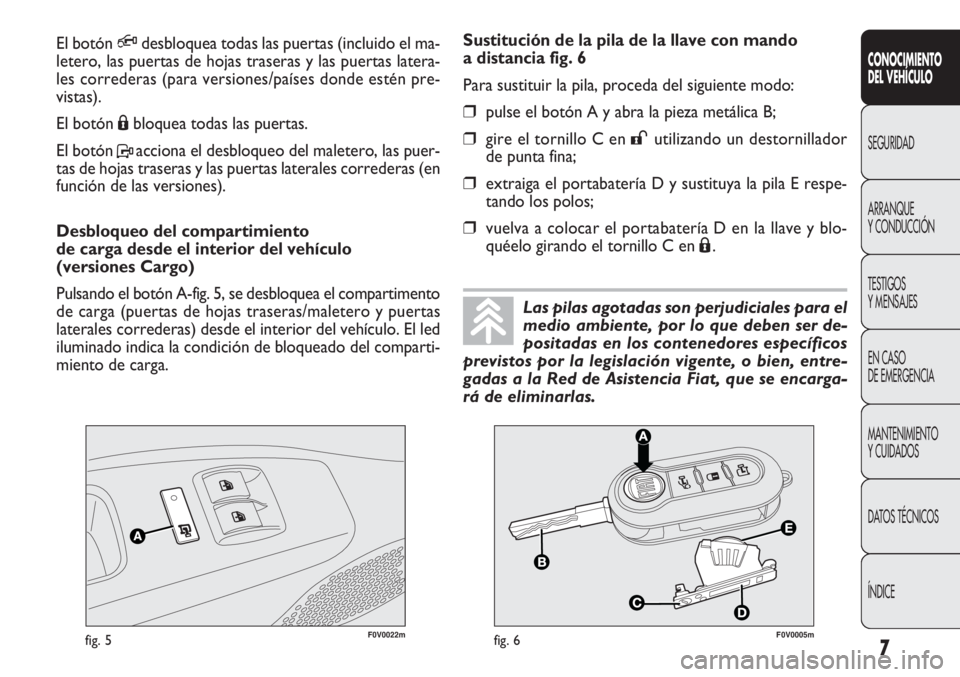 FIAT DOBLO COMBI 2011  Manual de Empleo y Cuidado (in Spanish) 7
CONOCIMIENTO
DEL VEHÍCULO
SEGURIDAD
ARRANQUE
Y CONDUCCIÓN
TESTIGOS
Y MENSAJES
EN CASO 
DE EMERGENCIA
MANTENIMIENTO
Y CUIDADOS
DATOS TÉCNICOS
ÍNDICE
F0V0022mfig. 5F0V0005mfig. 6
Sustitución de l