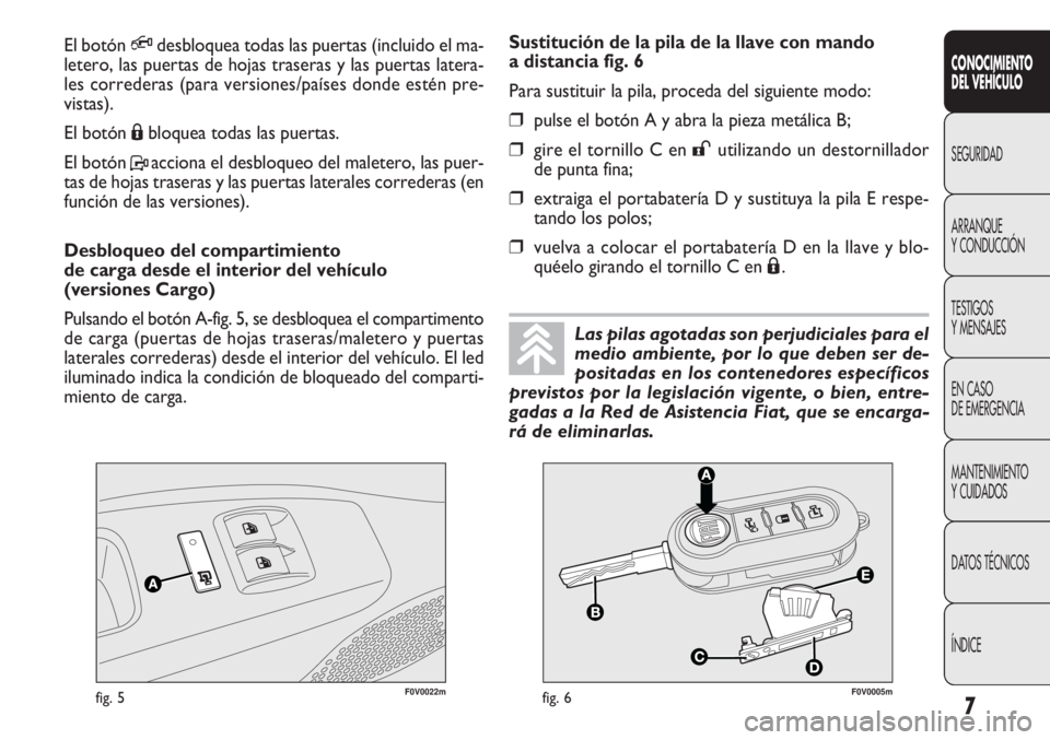 FIAT DOBLO COMBI 2012  Manual de Empleo y Cuidado (in Spanish) 7
CONOCIMIENTO
DEL VEHÍCULO
SEGURIDAD
ARRANQUE
Y
CONDUCCIÓN
TESTIGOS
Y MENSAJES
EN CASO
DE EMERGENCIA
MANTENIMIENTO
Y CUIDADOS
DATOS TÉCNICOS
ÍNDICE
F0V0022mfig. 5F0V0005mfig. 6
Sustitución de la