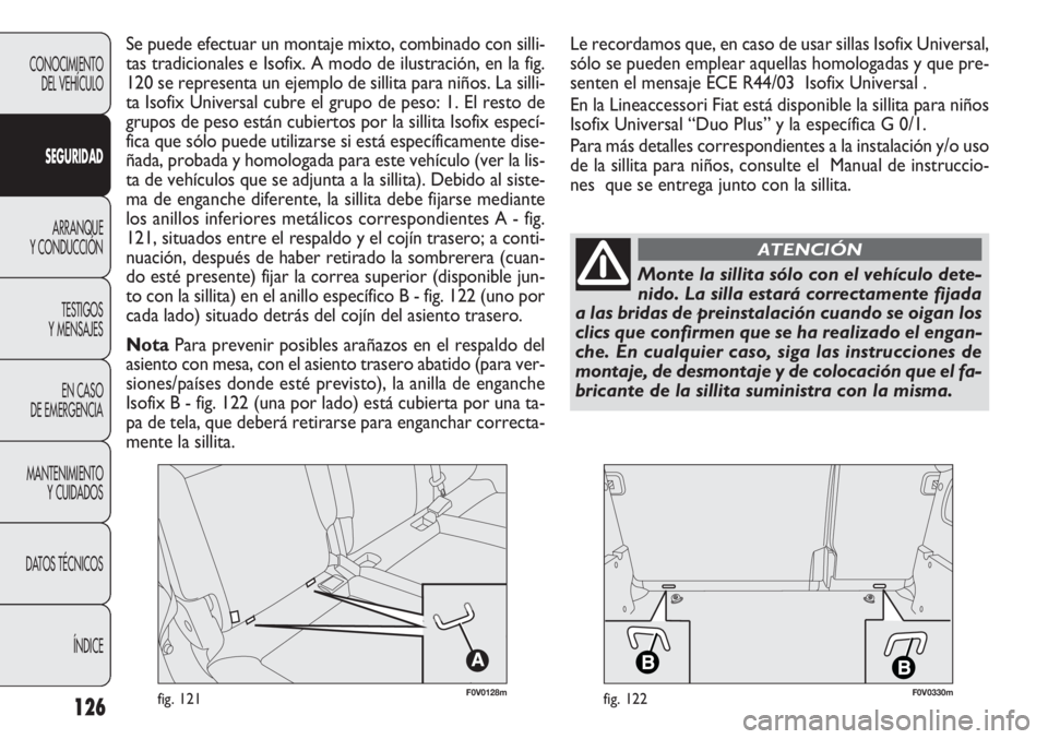 FIAT DOBLO COMBI 2012 Manual de Empleo y Cuidado (in Spanish) 126
F0V0128mfig. 121F0V0330mfig. 122
CONOCIMIENTO DEL VEHÍCULO
SEGURID AD
ARRANQUE
Y CONDUCCIÓN
TESTIGOS
Y MENSAJES
EN CASO
DE EMERGENCIA
MANTENIMIENTO Y CUIDADOS
DA
TOS TÉCNICOS ÍNDICE
Se pu FIAT DOBLO COMBI 2012 Manual de Empleo y Cuidado (in Spanish) 126
F0V0128mfig. 121F0V0330mfig. 122
CONOCIMIENTO DEL VEHÍCULO
SEGURID AD
ARRANQUE
Y CONDUCCIÓN
TESTIGOS
Y MENSAJES
EN CASO
DE EMERGENCIA
MANTENIMIENTO Y CUIDADOS
DA
TOS TÉCNICOS ÍNDICE
Se pu