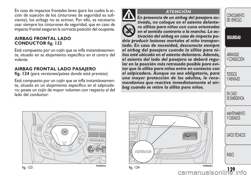 FIAT DOBLO COMBI 2012 Manual de Empleo y Cuidado (in Spanish) 129
F0V0024mfig. 123F0V0025mfig. 124
En caso de impactos frontales leves (para los cuales la ac-
ción de sujeción de los cinturones de seguridad es sufi-
ciente), los airbags no se activan. Por ello FIAT DOBLO COMBI 2012 Manual de Empleo y Cuidado (in Spanish) 129
F0V0024mfig. 123F0V0025mfig. 124
En caso de impactos frontales leves (para los cuales la ac-
ción de sujeción de los cinturones de seguridad es sufi-
ciente), los airbags no se activan. Por ello