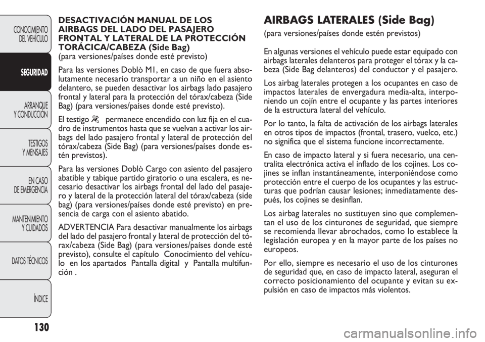 FIAT DOBLO COMBI 2012 Manual de Empleo y Cuidado (in Spanish) 130
CONOCIMIENTODEL VEHÍCULO
SEGURID AD
ARRANQUE
Y CONDUCCIÓN
TESTIGOS
Y MENSAJES
EN CASO
DE EMERGENCIA
MANTENIMIENTO Y CUIDADOS
DA
TOS TÉCNICOS ÍNDICE
DESACTIVACIÓN MANUAL DE LOS
AIRBAGS DEL L FIAT DOBLO COMBI 2012 Manual de Empleo y Cuidado (in Spanish) 130
CONOCIMIENTODEL VEHÍCULO
SEGURID AD
ARRANQUE
Y CONDUCCIÓN
TESTIGOS
Y MENSAJES
EN CASO
DE EMERGENCIA
MANTENIMIENTO Y CUIDADOS
DA
TOS TÉCNICOS ÍNDICE
DESACTIVACIÓN MANUAL DE LOS
AIRBAGS DEL L