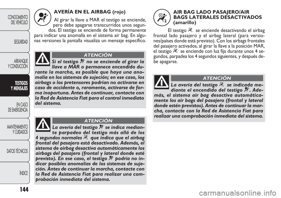 FIAT DOBLO COMBI 2012 Manual de Empleo y Cuidado (in Spanish) 144
CONOCIMIENTODEL VEHÍCULO
SEGURIDADARRANQUE
Y CONDUCCIÓN
TESTIGOS
Y MEN SAJES
EN CASO
DE EMERGENCIA
MANTENIMIENTO Y CUIDADOS
DA
TOS TÉCNICOS ÍNDICE
AVERÍA EN EL AIRBAG (rojo)Al girar la lla FIAT DOBLO COMBI 2012 Manual de Empleo y Cuidado (in Spanish) 144
CONOCIMIENTODEL VEHÍCULO
SEGURIDADARRANQUE
Y CONDUCCIÓN
TESTIGOS
Y MEN SAJES
EN CASO
DE EMERGENCIA
MANTENIMIENTO Y CUIDADOS
DA
TOS TÉCNICOS ÍNDICE
AVERÍA EN EL AIRBAG (rojo)Al girar la lla